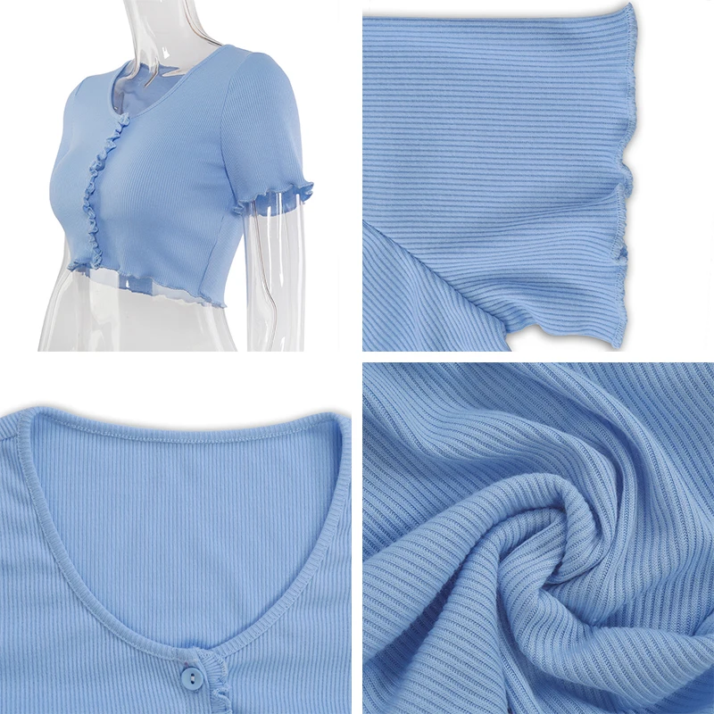

V Neck Ruffles Short Sleeve T Shirt Women Summer Casual Button Crop Top Basic Blue Pink T Shirt Tops