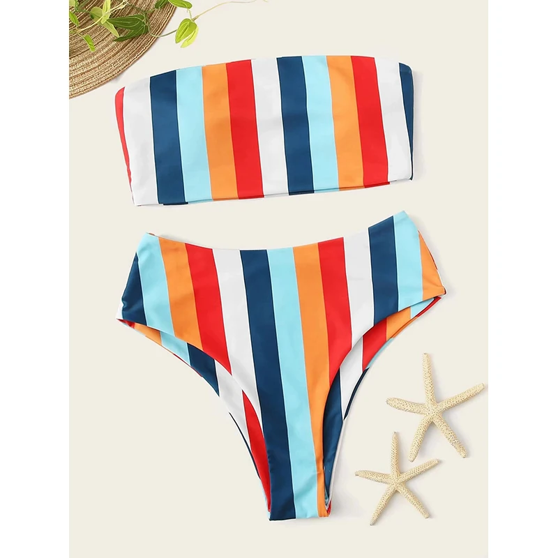 

Sexy Bandeau Swimwear Women 2021 Floral Bikini Female Swimsuit High-Waist Bathing Suit Push Up Biquini Set Beachwear Swimming