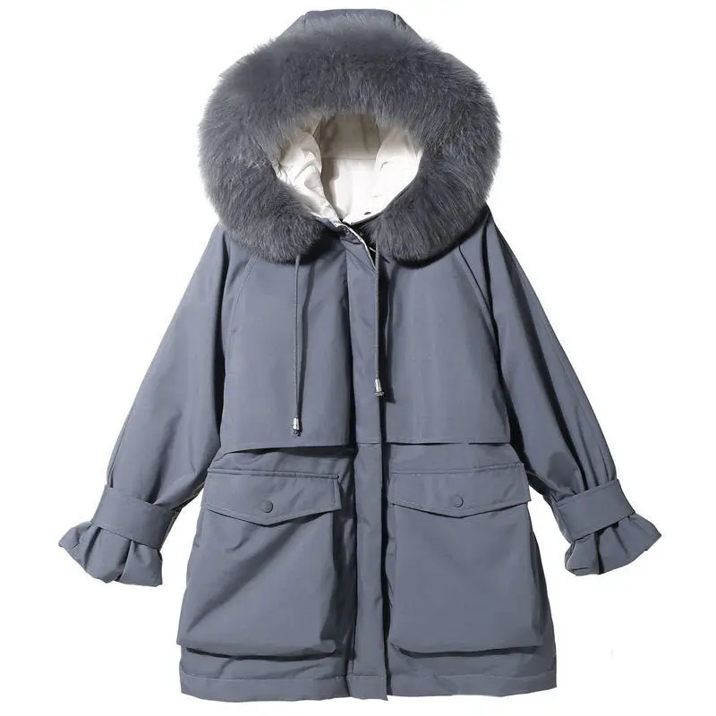 

Pike down cotton jacket female medium and long 2020 winter new Korean version loose thickened wool collar cotton jacket Thick