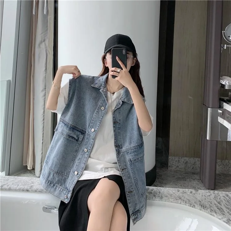 

Denim vest women loose autumn student versatile women's Korean version Lapel single breasted sleeveless vest Jacket