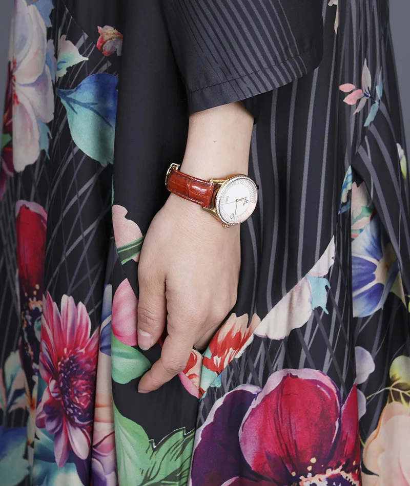 

Summer 2021 New Plus Size Retro Print Slim Long Irregular Silk O-Neck Ankle-Length Dresses Women