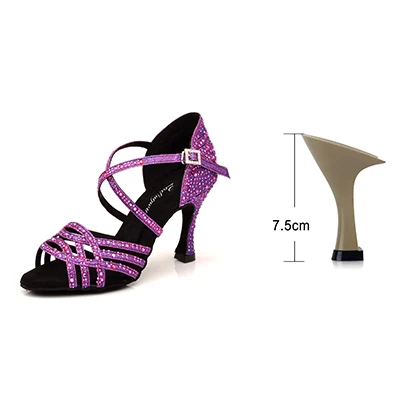 Purple 7.5cm Ladingwu, женские вечерние туфли для сальсы, бальные туфли, туфли для латинских танцев, большие и маленькие стразы, блестящие, фиолетовые, черные, блестящие, на Кубинском каблуке 6-10 см - Цвет: Purple 7.5cm