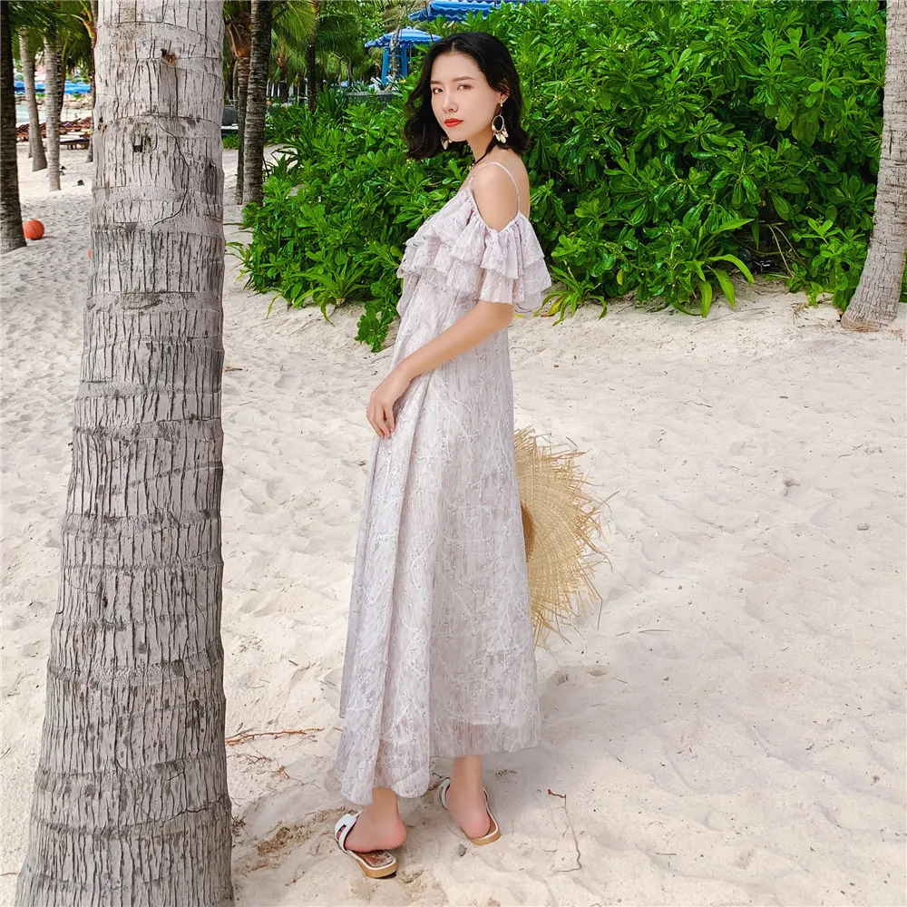 

Fashion Summer Sexy Backless Slash Neck Dress Women Boho Chiffon Dress Ladies Elegant Party Dresses Mesh Beach Luxury Dresses