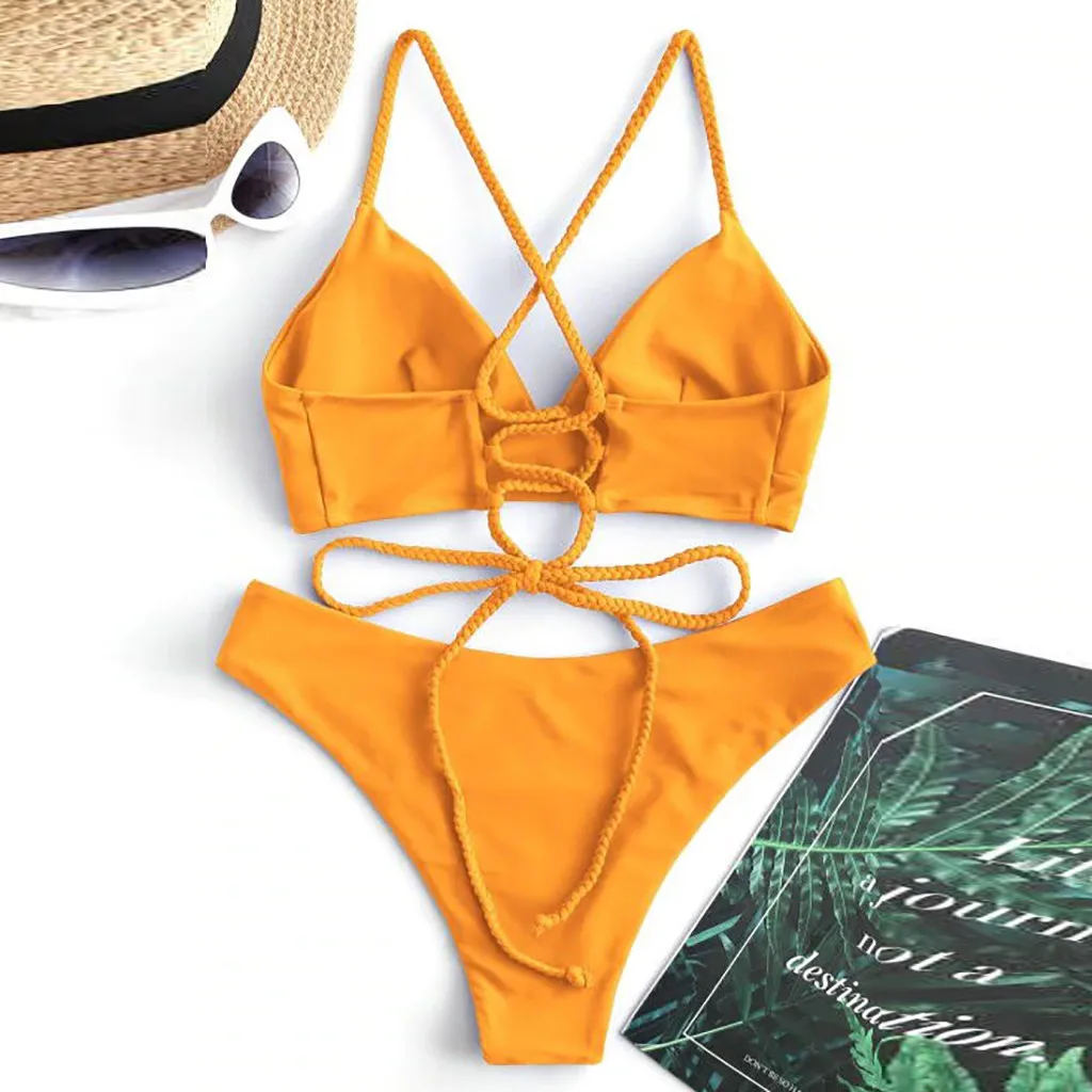 

Women's Sexy Bikini Swimsuit Ladies Tube Top Bandage Strap Split Conservative Bikini Push-up Beachwear Swimwear Swimwear Biquini