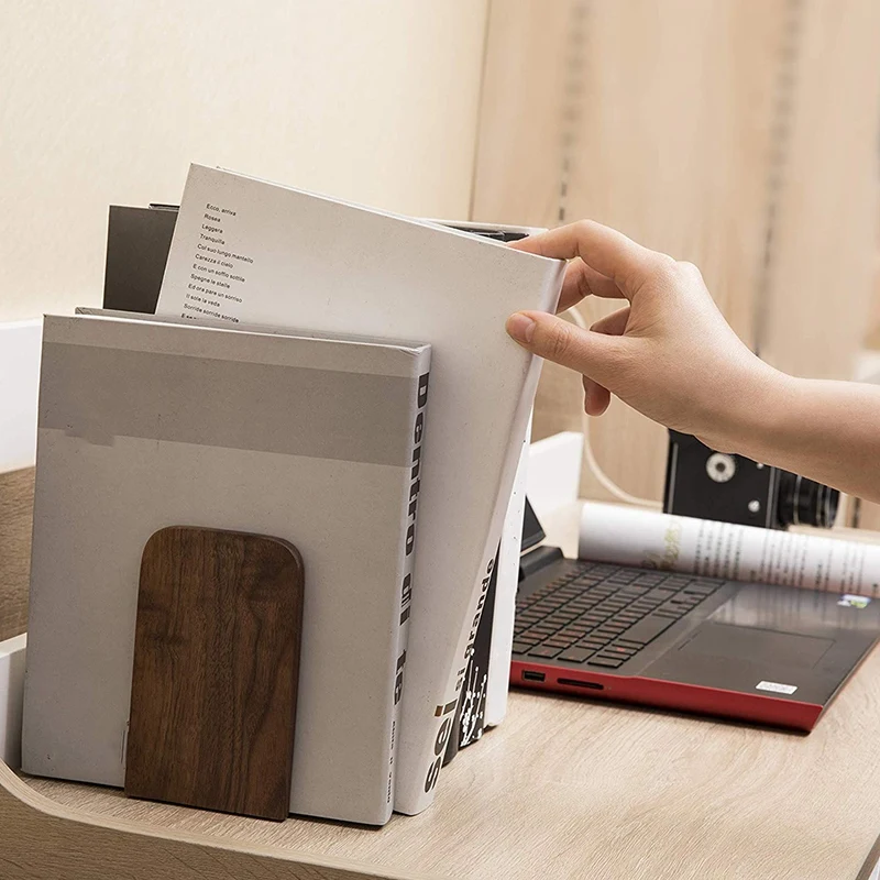 

2Pcs Wooden Bookends with Metal Base Heavy Duty Black Walnut Book Stand with Anti-Skid Dots for Office Desktop or Shelves