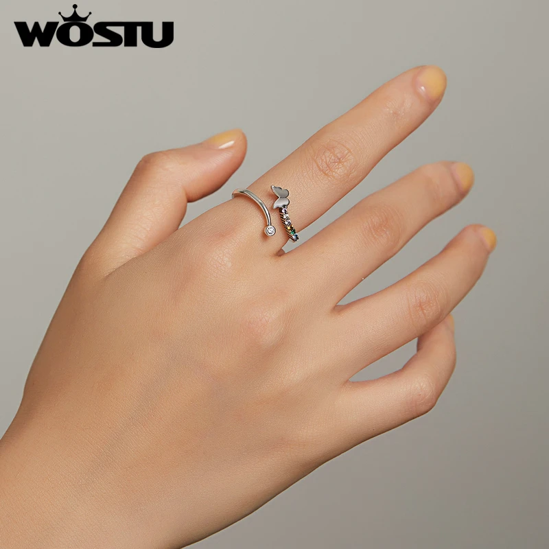 WOSTU Новое Радужное кольцо с бабочкой из стерлингового серебра 925 пробы сияющее