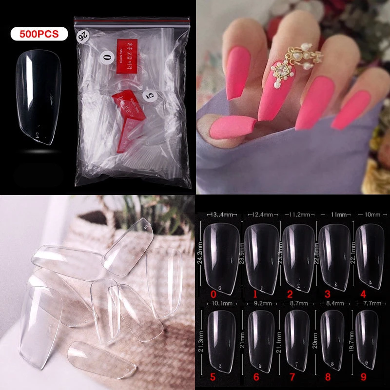 

500 Pcs Design Press Fake Nails Tips Full Cover Acrylic Bevel Lipstick Shape Manicure Milky White Transparent Salon Tools DIY