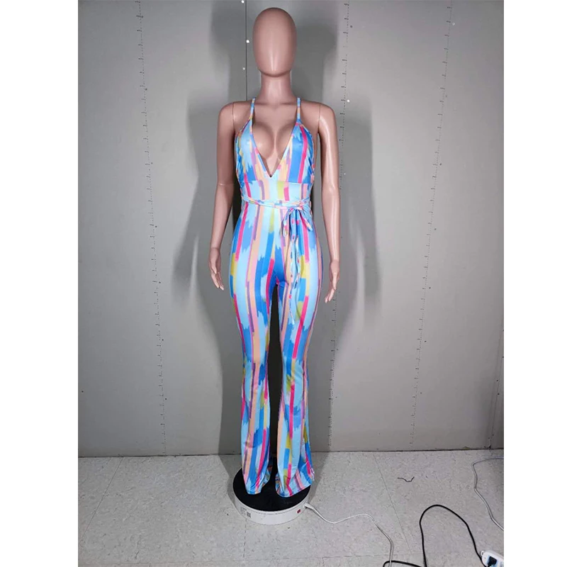 

Jumpsuit Women Elegance Wholesale Items Sexy V Neck Backless Lace-up Streetwear Style Casual Print Vintage Jumpsuit Dropshipping