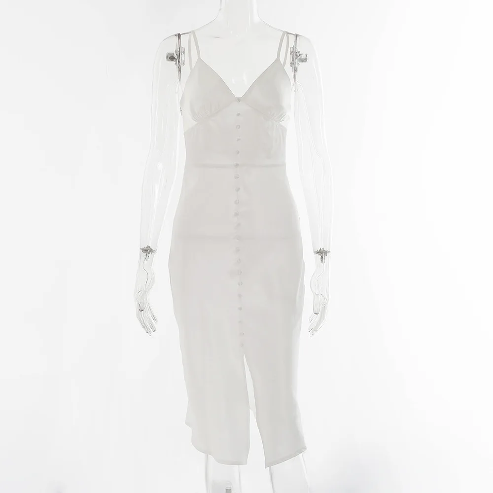 

Summer spaghetti strap dress women sexy v neck dresses backless midi dress white party dresses satin buttons split dress holiday
