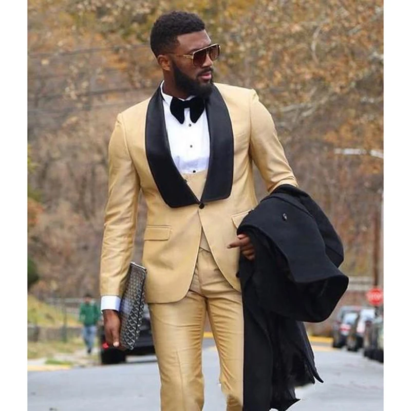 

Three Pieces Gold Groom Tuxedos Men Formal Suits Business Men Wear Wedding Prom Dinner Suits Custom Made(Jacket+Pants+Tie+Vest)