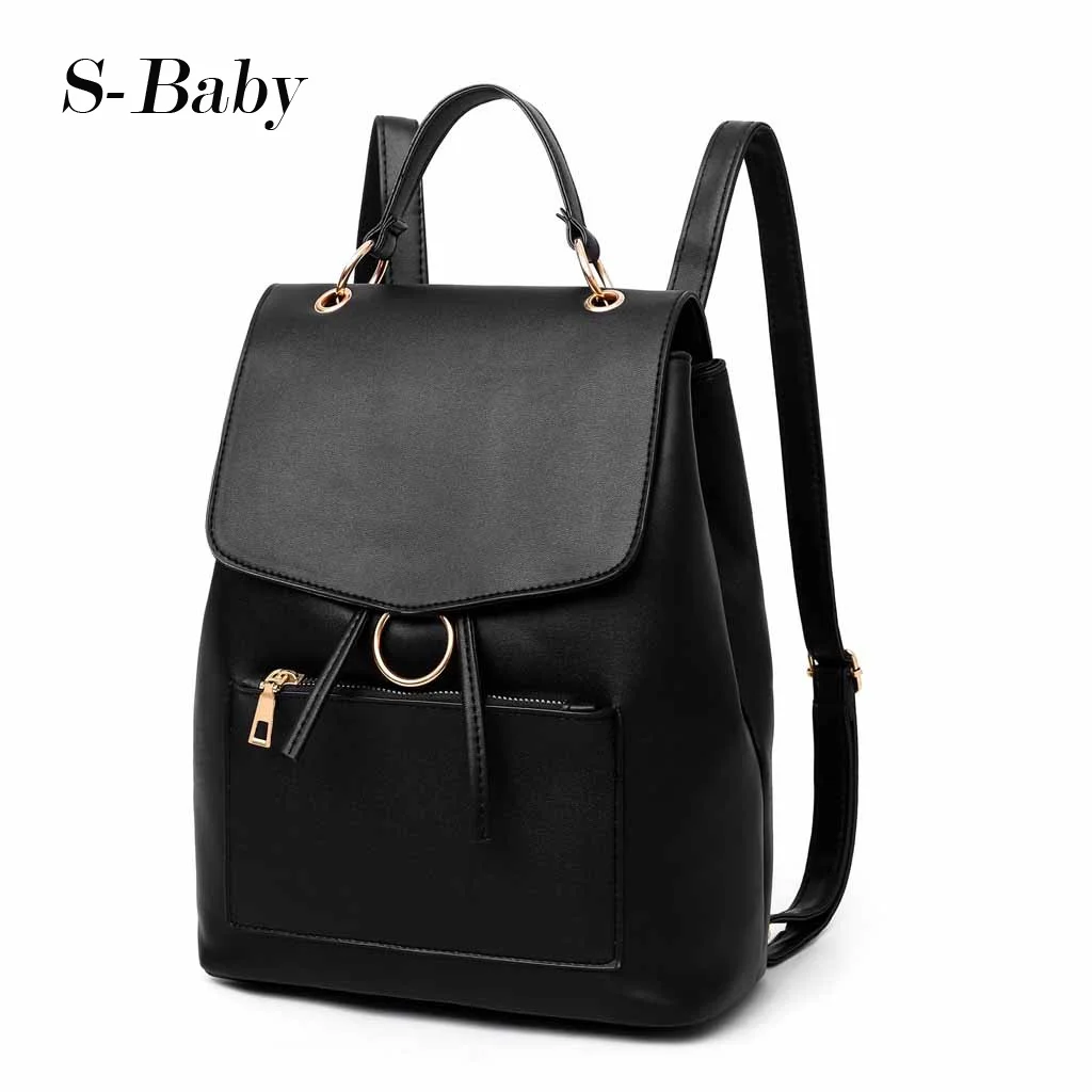 Женский однотонный рюкзак школьная черная кожаная Студенческая сумка винтажная