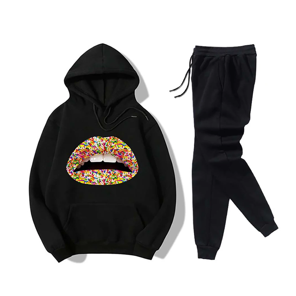 

VICABO Lips Print Women Tractsuits Spring Autumn Hooded Sweatshirt+Black Long Pants Sportwear Fitness 2pcs Running Set