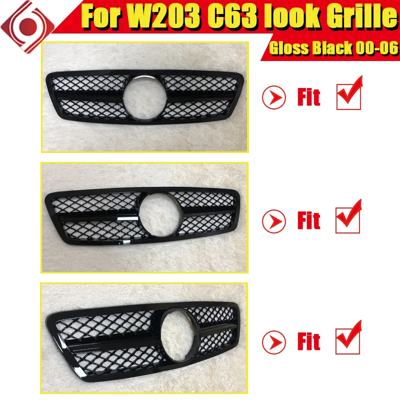 For Mercedes C Class W203 C203 Sedan Sports Front Grille Grill Grills C63 Style ABS Gloss Black Direct 1:1 Replacement 2000-2006 |