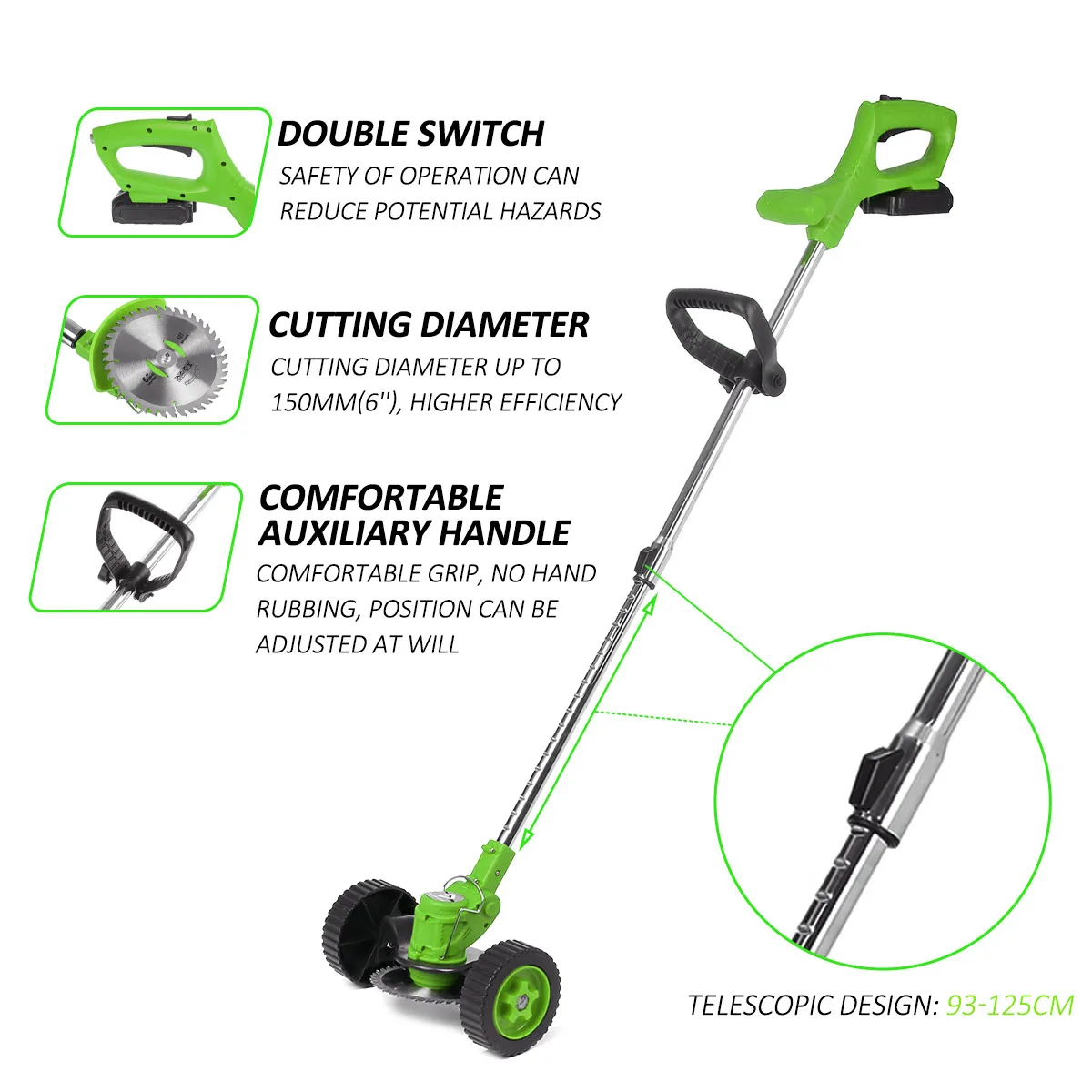 24V Electric Grass Trimmer Double Wheel Cordless Electric Lawn Mower Adjustable Length Garden Pruning Cutter Tool with 2 Battery