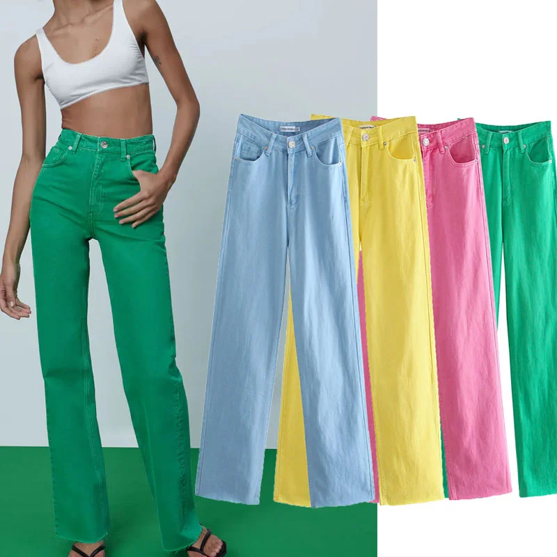 

Za 2021 Solid Color Wide Leg Jeans Women Vintage High Waist Five Pocket Summer Jeans Fashion Zip Button Casual Famale Long Jeans