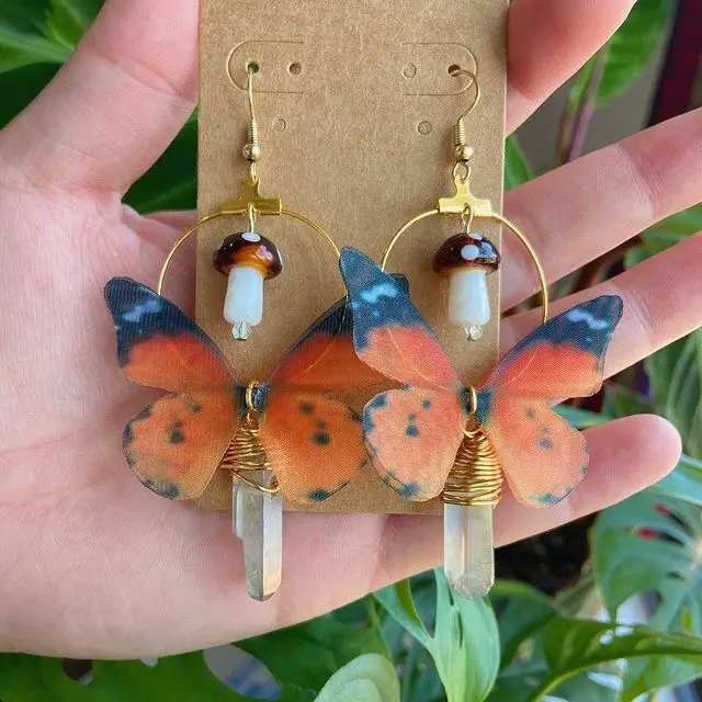 

Mushroom Earrings, Quartz Crystal Earrings,Boho Mushroom Butterfly Earrings