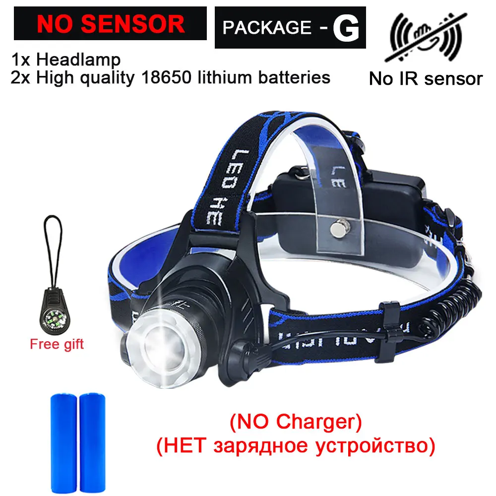 Package G ИК-датчик, головной светильник, USB Перезаряжаемый, V6/L2/T6, индукционный светодиодный налобный фонарь, налобный светильник для рыбалки, налобный фонарь, фонарь, аккумулятор 18650 - Испускаемый цвет: Package G