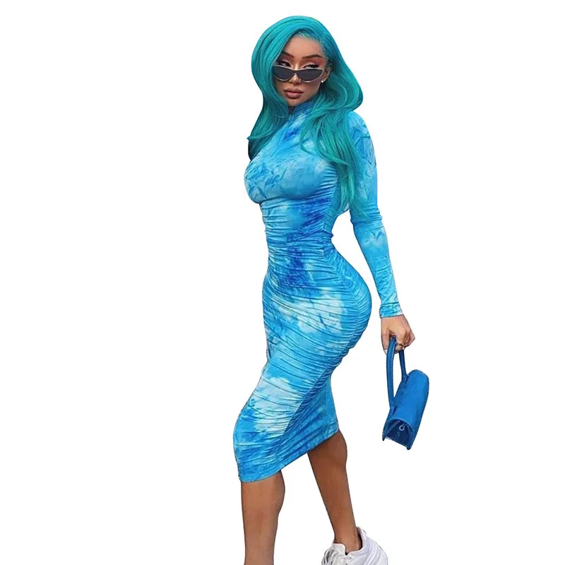

Ms summer wear the new dress 2021 women's round neck long sleeve printed fashion web celebrity dresses