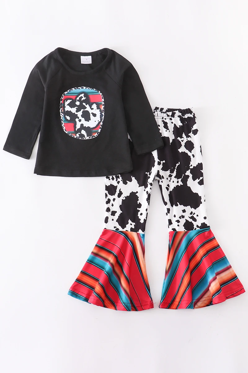 

Girlymax Baby Girls Children Ruffles Boutique Cow Serape Bell-bottoms Pants Sets Romper Sister's Wear Outfits Kids Clothing