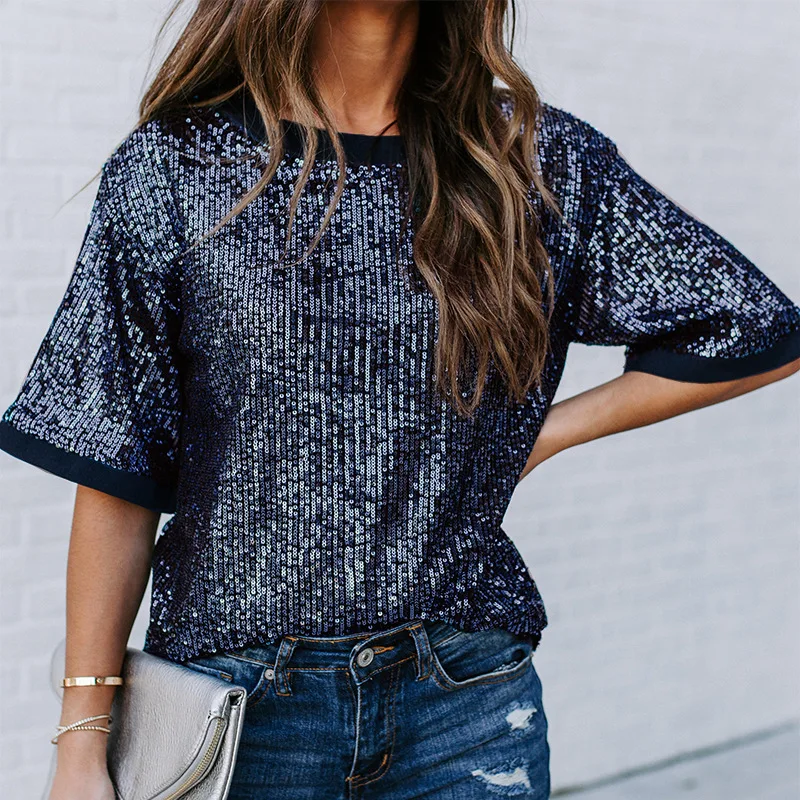 Летние сетки шить Футболка с пайетками свободная темно-синие футболки бисером