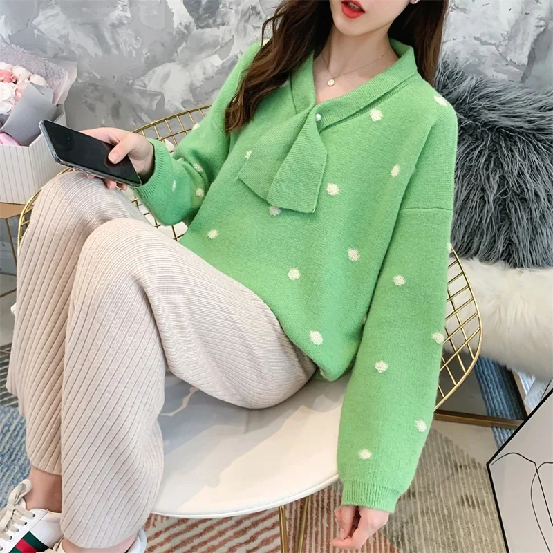 H.SA Women Winter Sweaters Long SLeeve Crew Neck Pink Pullover and Sweater Polka Dots Bow Sweaters Kawaii Knitwear Tops