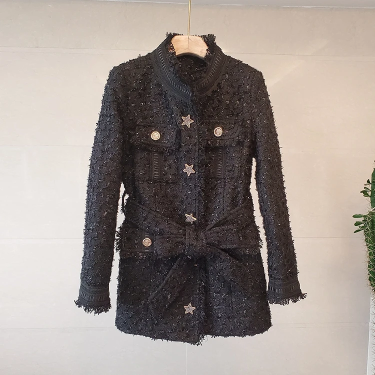 

New Fall Winter High Quality Tweed Outerwear Small Fragrance French Belt All-Match Jacket Single Breasted Mid-Length Woolen Coat