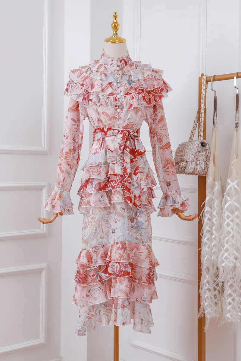 

2021 Early Spring New Chiffon Women Dress Ruffle Sleeve Waist Slimming Vacation Cake Dress Women