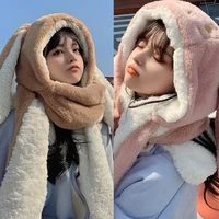 sweet cartoon rabbit ear hat cute winter gift windproof scarf and gloves set cute winter thick hoodies scarf with mitten