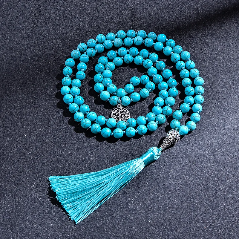 8MM Turquoise Knotted Japamala Necklace Meditation Yoga Spirit Jewelry 108 Mala Beaded Men's and Women's Holiday Gift