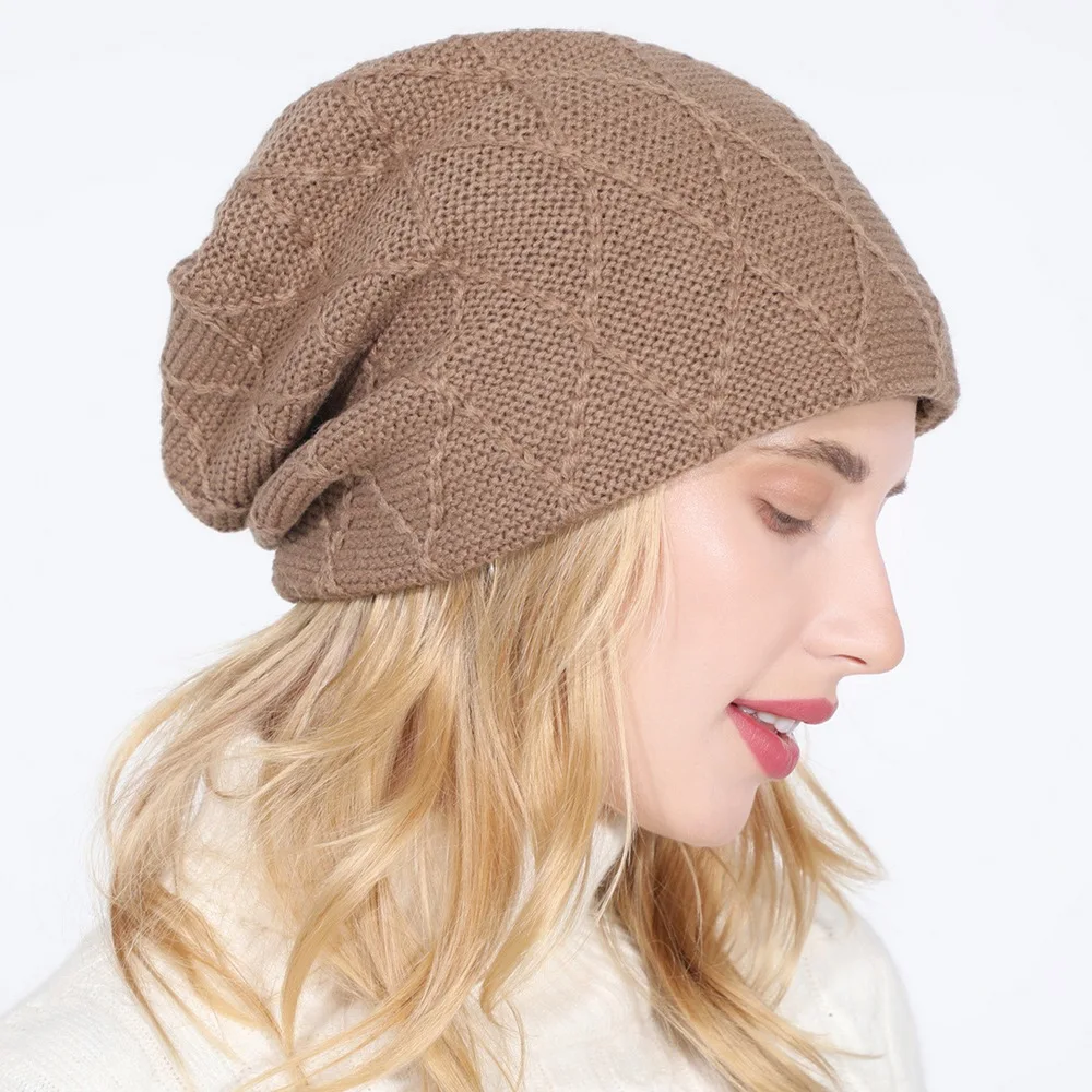 

Women Skullies Winter Hats for Female Acrylic Casual Style Diamond Pattern Add Velvet to Keep Warm Fashion