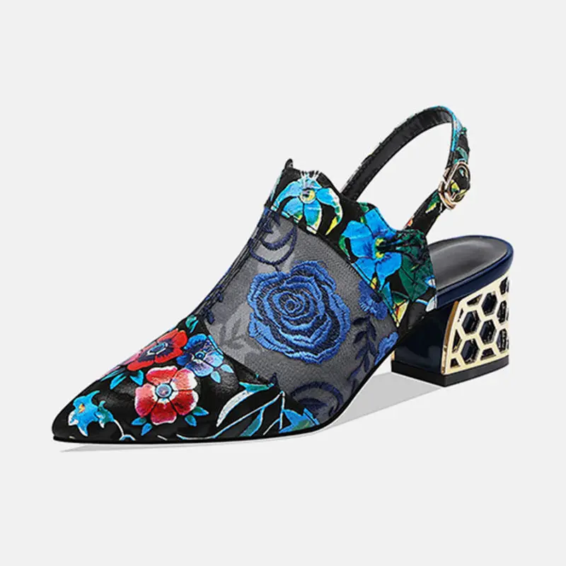 

2020 High Heels Sandals Women Pumps Woman Mesh Shoes Pointed toe Square Heel Buckle Strap Ethnic Embroidery Flower Handmade RED