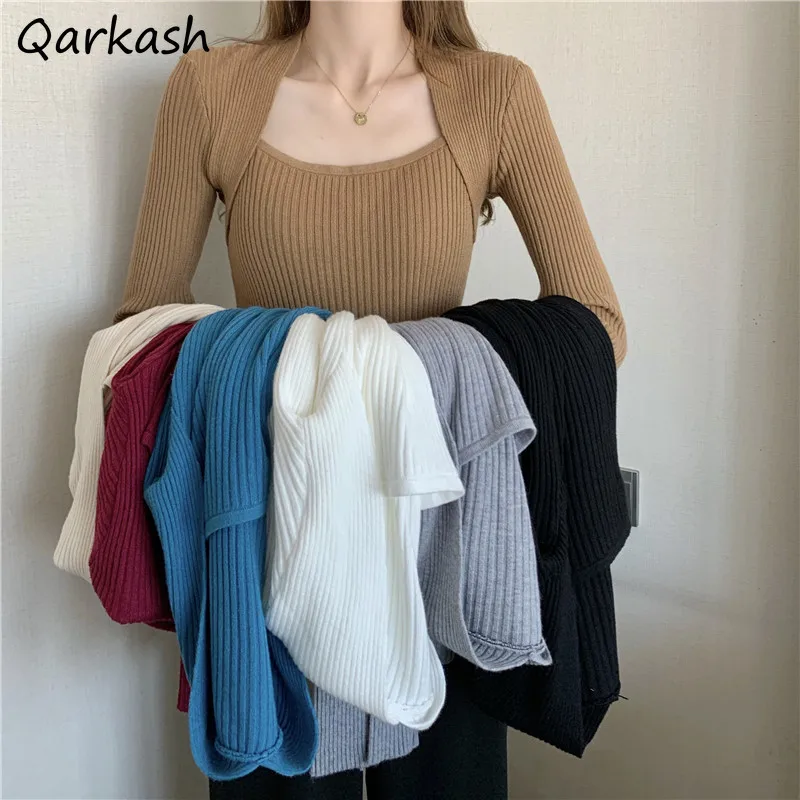 

Pullovers Women Slim Female Chic Elegant Temperament Solid Fit Knitted Aesthetic Street Style Square Collar Sweater Ins Fashion