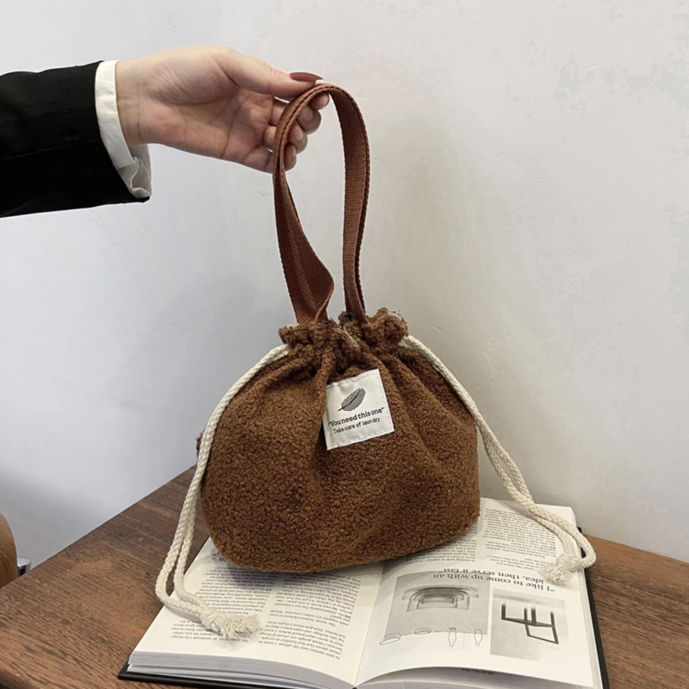 

Women Vintage Solid Color Shoulder Bags Plush Pouch Autumn Winter Drawstring Tote Handbag Small Pocket Makeup Storage Bag Grils