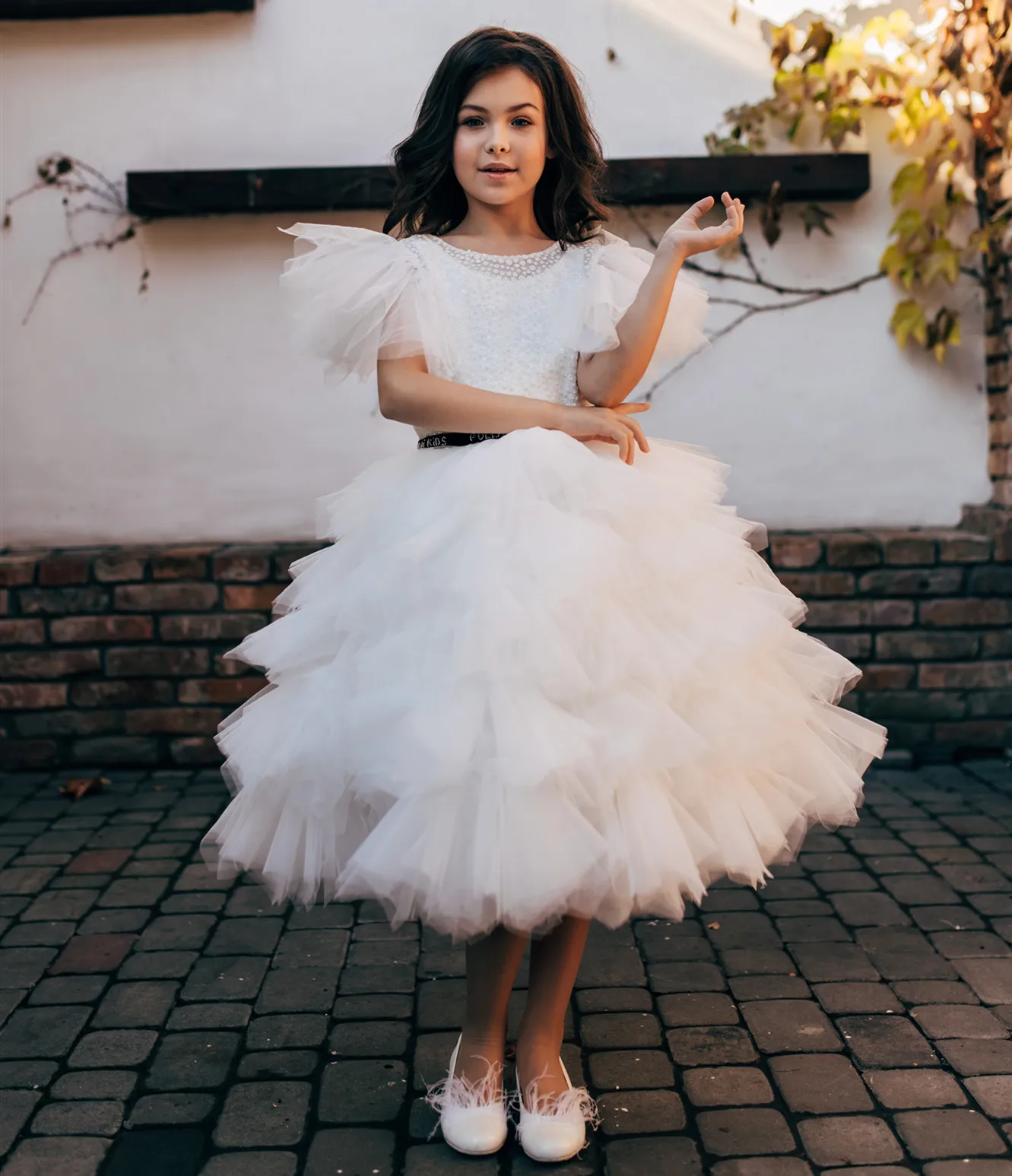 

White A Line Flower Girl Dresses Ruffle Tiered Tulle Backless Little Princess Birthday Gift Party Dress Girls