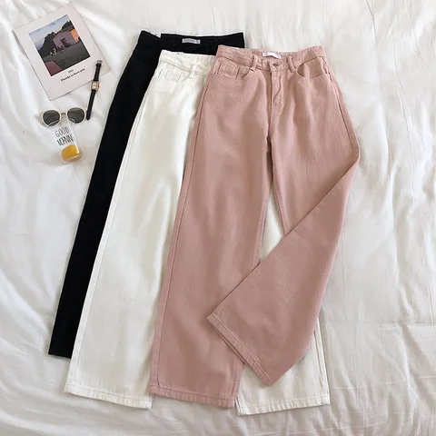 Woman High Waist Jeans 2021 New Spring Autumn Korean Casual Loose Wide-leg Pants Women Streetwear Baggy White Button Fly Jeans