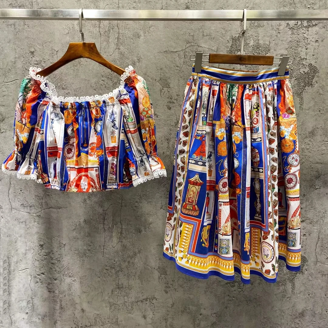 

Женский праздничный комплект из двух предметов, хлопковый топ с винтажным принтом и юбка с коротким рукавом и юбка, лето 2021