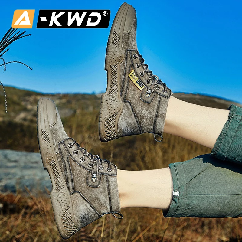 Кроссовки мужские высокие из натуральной кожи дышащие кеды рабочая обувь