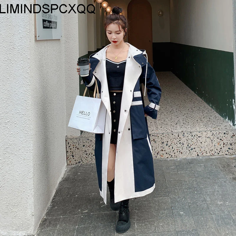 

Women Trench Coat Hooded Double-Breasted Female Patchwork Lady Windbreaker With Belt Spring Autumn Outerwear Female Clothes