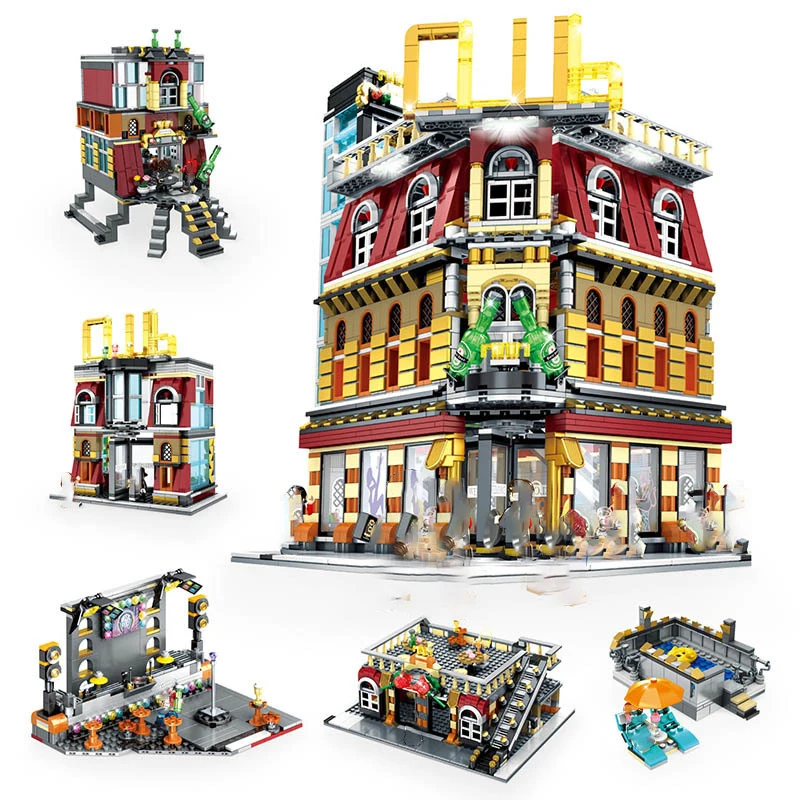

Sembo Club Luxury Coffee Shop Architecture With Light Building Blocks Bricks Creative Cities Street Toy for Kids New Year Gifts