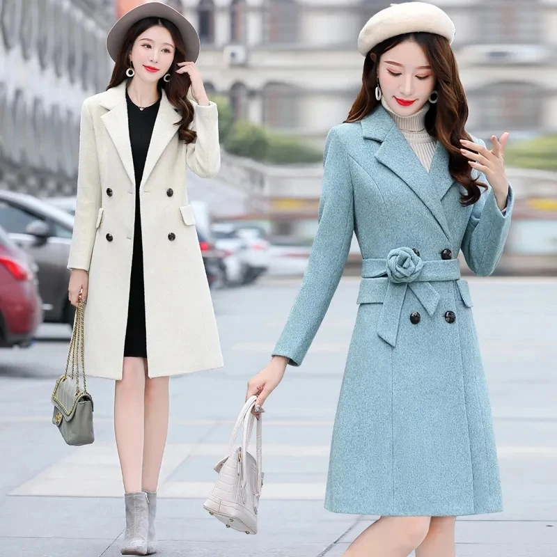 

Женское шерстяное пальто с поясом, элегантное тонкое теплое длинное шерстяное пальто в Корейском стиле, двубортная ветровка, весна-осень