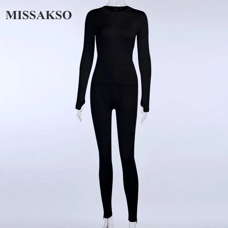 

Missakso Solid Black White Sexy Jumpsuit Fitness Zipper Club Long Sleeve O Neck Bodycon Women Winter Rompers Skinny Jumpsuit