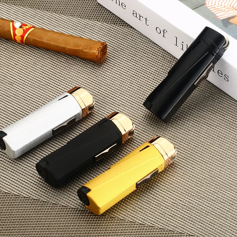Portable Windproof Metal Lighter with Inflatable Grinding Wheel Switch and Three Straight Blue Flames - Ideal for Cigars, Welding, and More. image 4