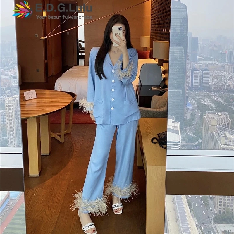 

EDGLuLu Light Blue Turn-down Collar Long Sleeve Shirt +feather Full Pants Pajamas Set Women Spring Autumn Suit Black White 0303