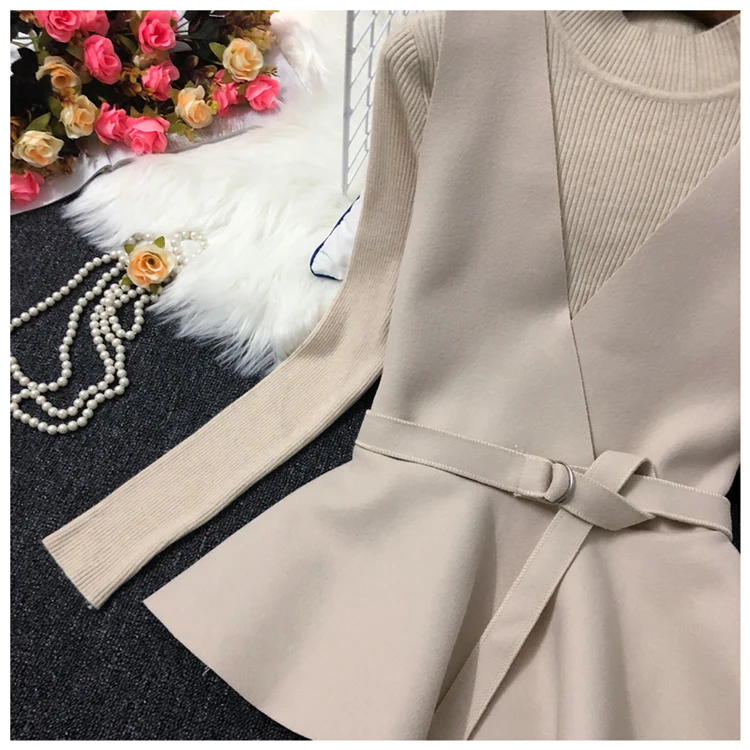 ALPHALMODA осень НОВАЯ Трикотажная нижняя рубашка+ жилет модный костюм из двух частей женский жилет с v-образным вырезом и поясом+ свитер с длинными рукавами