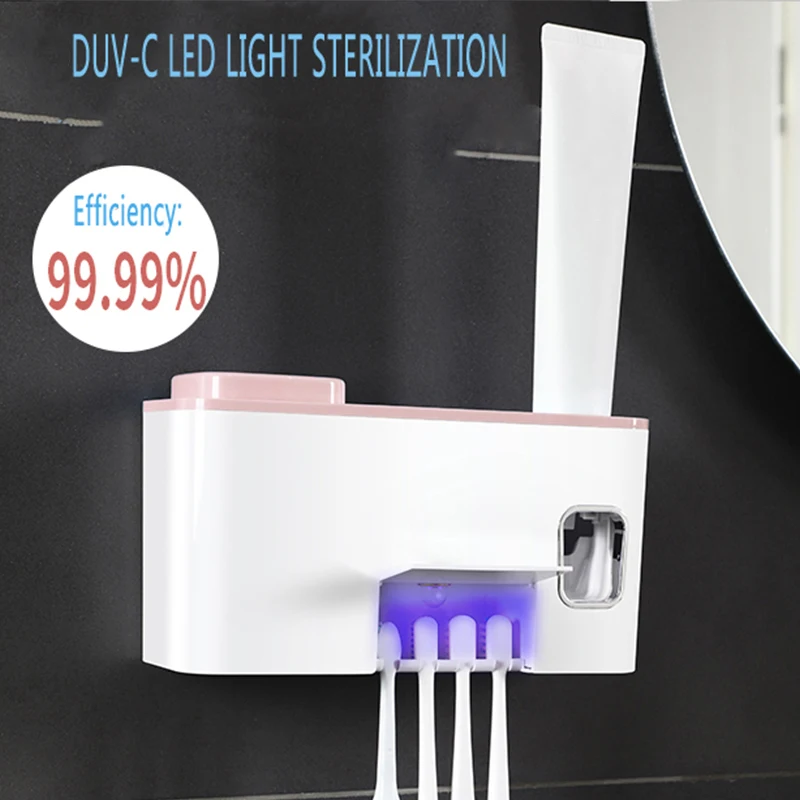 

Wall Mounted Toothpaste Dispenser Razor Holder Battery Powered 4 Toothbrush Slots Rinse Cup for Parents and Kids Bathroom Supply