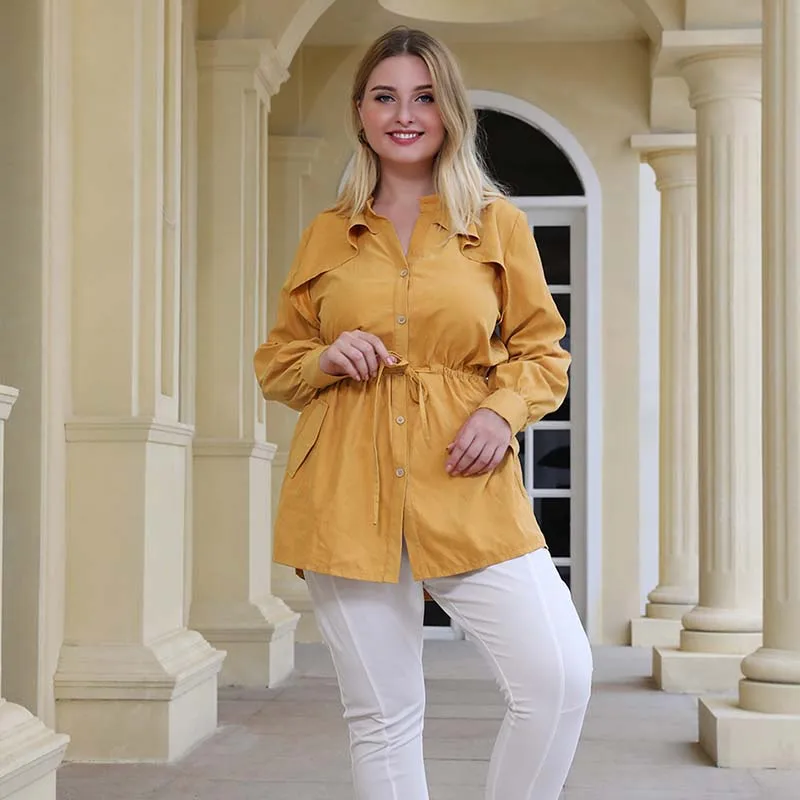 WHZHM блузка с длинными рукавами поясом пуговицами и круглым вырезом элегантная