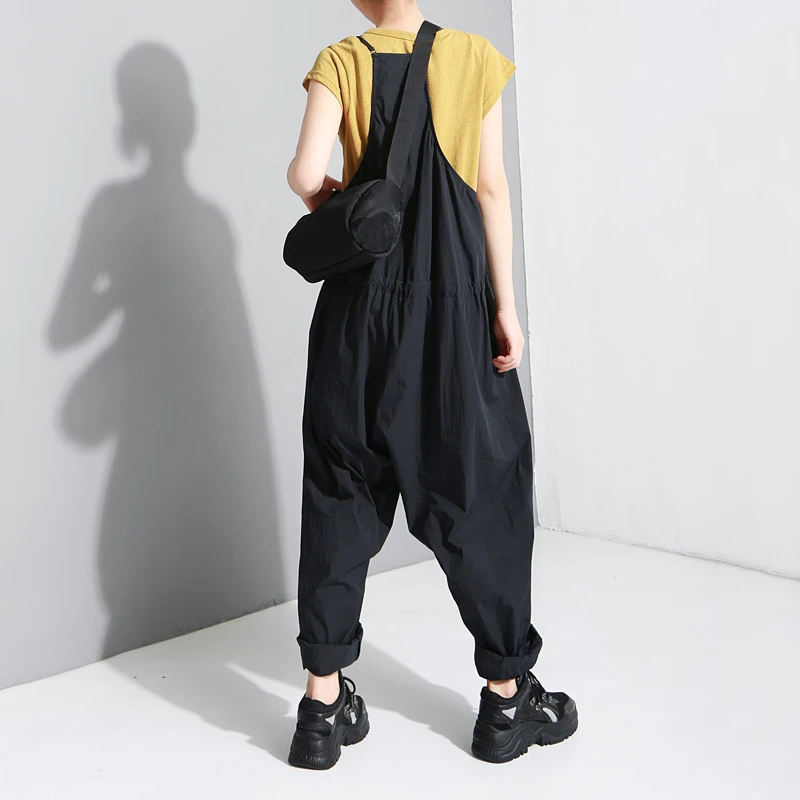 

[EAM] Loose Fit Women Drawstring Long Black Jumpsuit New High Waist Pocket Stitch Pants Fashion Tide Spring Autumn 2021 1DD5129