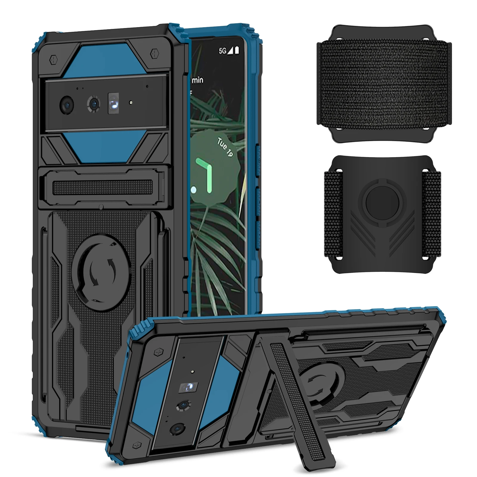 

Phone Case For Google Pixel 6 Pro Luxury Shockproof Protect Armor With Bracket Wristband Multifunction Card Package Back Cover