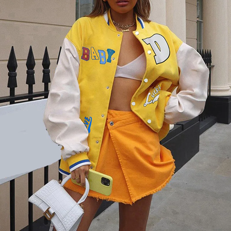 

Women Yellow Baseball Jacket Letter Print Long Sleeves Single-breasted Baseball Uniform Streetwear Causal BF Style Loose Coat