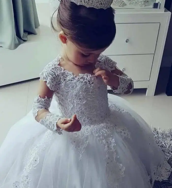 

Платье принцессы с длинным рукавом, милое бальное платье для девушек, с цветочной аппликацией и бисером, для первого причастия
